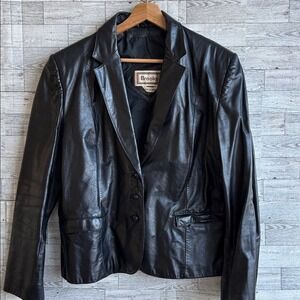 Vintage Brooks Black Leather Jacket Blazer ‎ three Button Front Coat Y2K XL